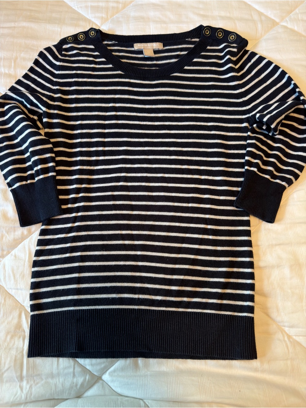 Banana Republic Navy and White Striped Button-Shoulder Crewneck Sweater